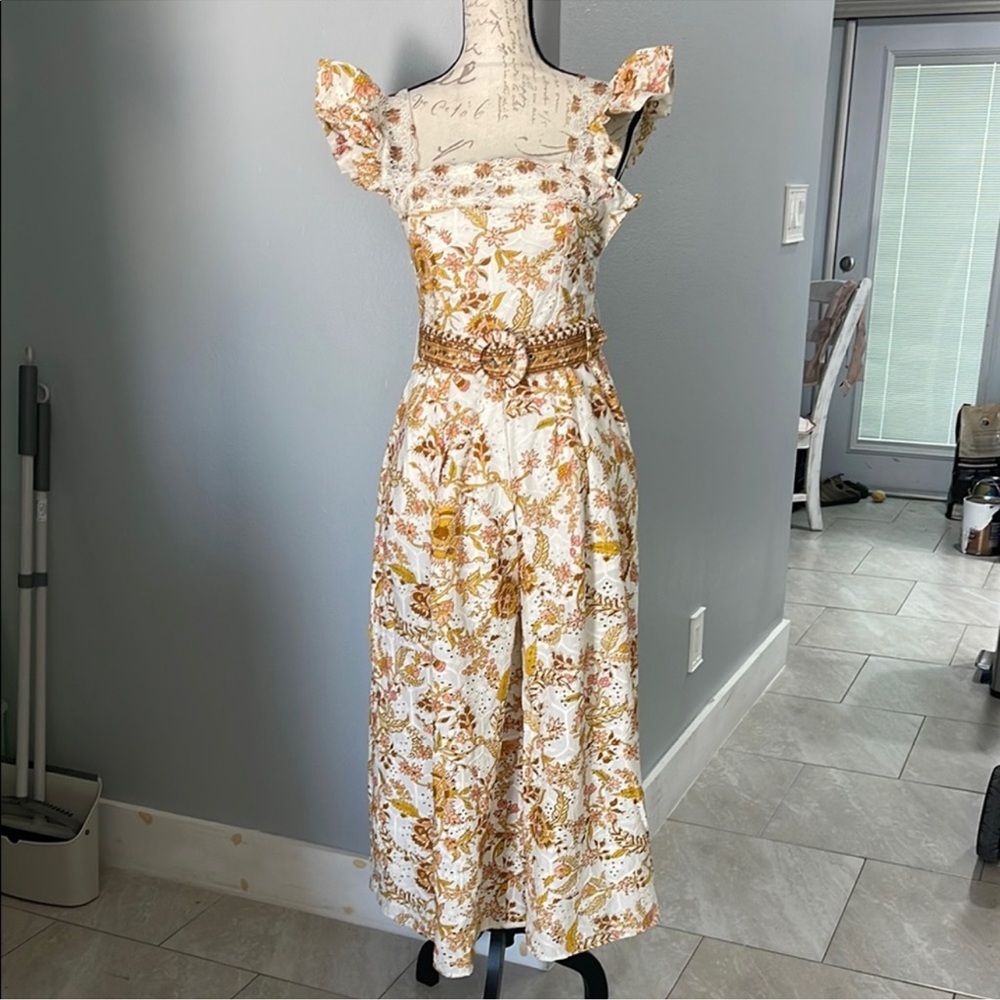HEMANT & NANDITA Floral Ruffle Belted Jumpsuit in Cream and Gold